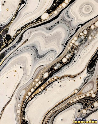 Abstract crimson red and silver paint splashes with flecks of gold leaf on a white ground