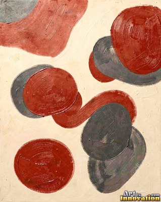 Abstract mid-century cobalt blue and white rounded forms on a warm cream ground