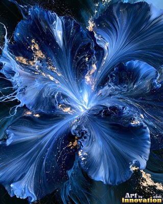 Abstract royal blue and gold impasto waves sweeping diagonally across a cream ground