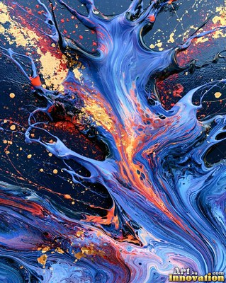 Abstract magenta and turquoise acrylic pour with glossy cells and swirling currents