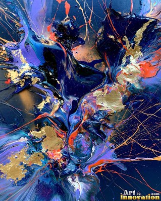 Abstract crimson red and silver paint splashes with flecks of gold leaf on a white ground