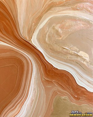 Abstract crimson red and silver paint splashes with flecks of gold leaf on a white ground