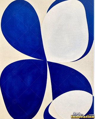 Abstract mid-century cobalt blue and white rounded forms on a warm cream ground