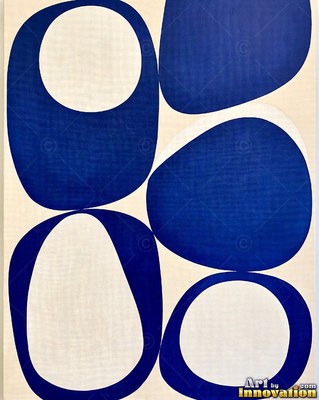 Abstract royal blue and gold impasto waves sweeping diagonally across a cream ground