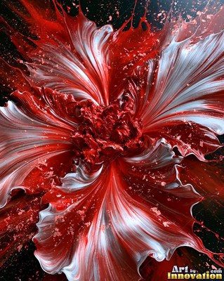 Abstract crimson red and silver paint splashes with flecks of gold leaf on a white ground