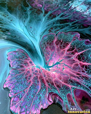 Abstract magenta and turquoise acrylic pour with glossy cells and swirling currents