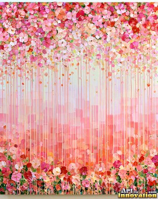 Abstract crimson red and silver paint splashes with flecks of gold leaf on a white ground