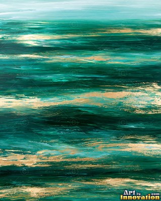 Abstract royal blue and gold impasto waves sweeping diagonally across a cream ground