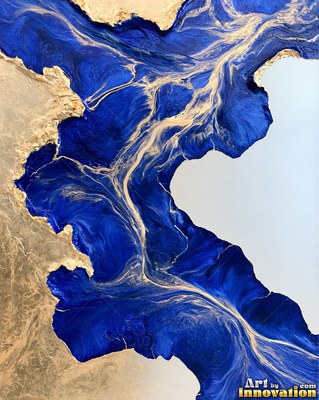 Abstract mid-century cobalt blue and white rounded forms on a warm cream ground