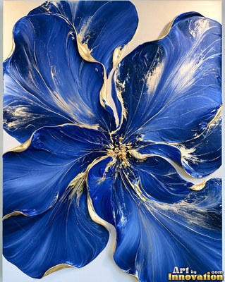 Abstract royal blue and gold impasto waves sweeping diagonally across a cream ground