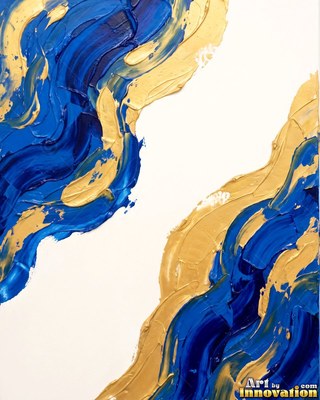 Abstract royal blue and gold impasto waves sweeping diagonally across a cream ground