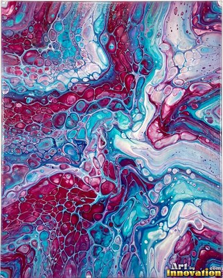 Abstract crimson red and silver paint splashes with flecks of gold leaf on a white ground