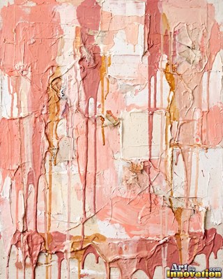 Abstract crimson red and silver paint splashes with flecks of gold leaf on a white ground