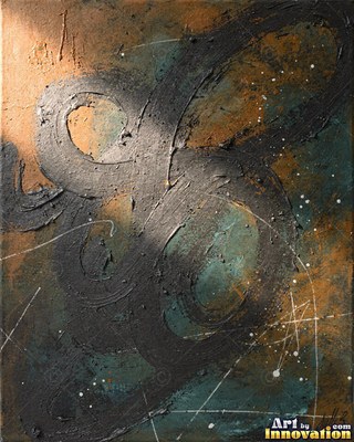Abstract crimson red and silver paint splashes with flecks of gold leaf on a white ground