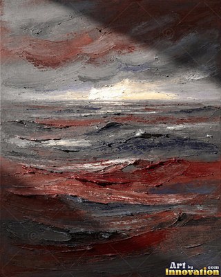 Abstract crimson red and silver paint splashes with flecks of gold leaf on a white ground
