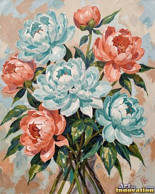 Bouquet of deep crimson peonies with silver-green leaves