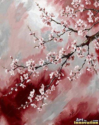 Branch of pink cherry blossoms on a misty blue ground