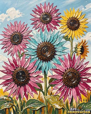 Field of sunflowers with sculpted impasto centers under a blue sky