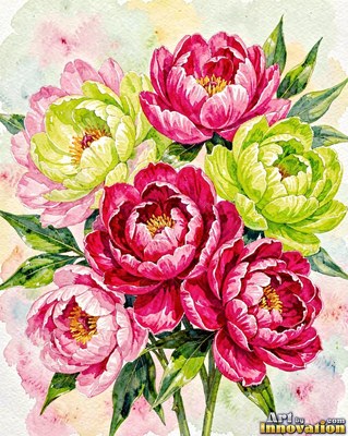 Bouquet of deep crimson peonies with silver-green leaves