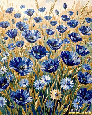 Field of sunflowers with sculpted impasto centers under a blue sky