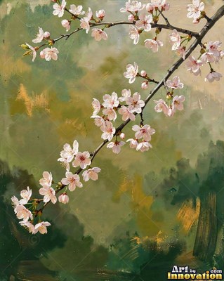 Branch of pink cherry blossoms on a misty blue ground