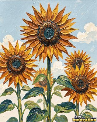 Field of sunflowers with sculpted impasto centers under a blue sky