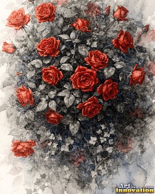 Bouquet of deep crimson peonies with silver-green leaves