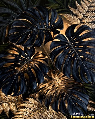 Black monstera leaves edged in gold with ferns glowing behind them