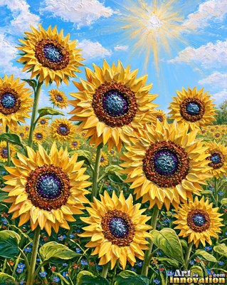 Field of sunflowers with sculpted impasto centers under a blue sky