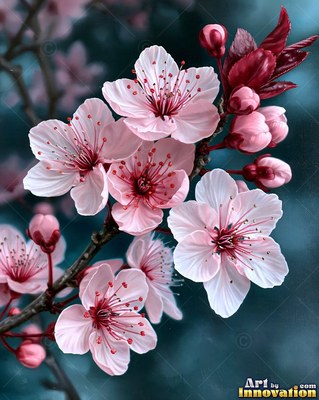 Branch of pink cherry blossoms on a misty blue ground