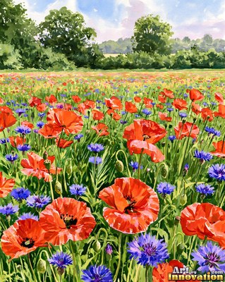 Field of sunflowers with sculpted impasto centers under a blue sky