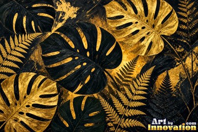 Black monstera leaves edged in gold with ferns glowing behind them