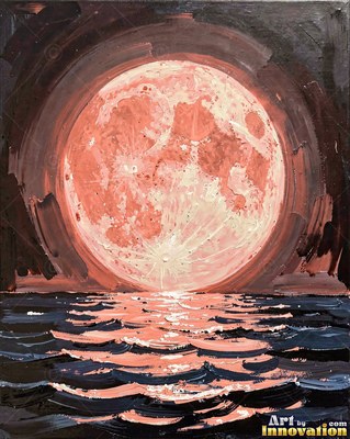 Painted full moon in crimson and silver rising over a dark sea with shimmering reflections