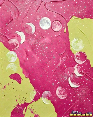Phases of the moon arranged in an arc across a magenta and turquoise starry sky