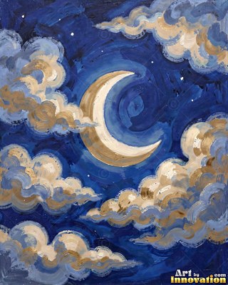 Painted full moon in crimson and silver rising over a dark sea with shimmering reflections