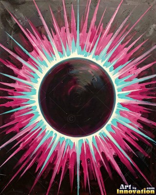 Phases of the moon arranged in an arc across a magenta and turquoise starry sky