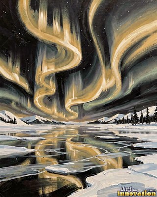 Northern lights in blue curtains over a frozen lake with a forest shoreline