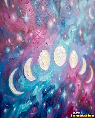 Phases of the moon arranged in an arc across a magenta and turquoise starry sky