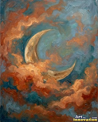 Painted full moon in crimson and silver rising over a dark sea with shimmering reflections