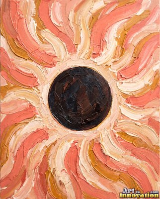 Phases of the moon arranged in an arc across a magenta and turquoise starry sky