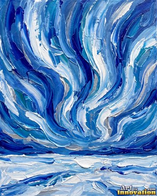 Northern lights in blue curtains over a frozen lake with a forest shoreline