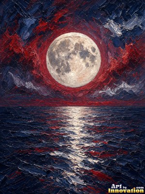 Painted full moon in crimson and silver rising over a dark sea with shimmering reflections