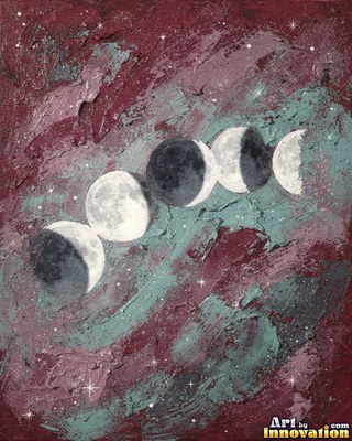 Painted full moon in crimson and silver rising over a dark sea with shimmering reflections
