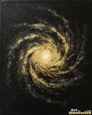 Radiant spiral galaxy in black and gold with a glowing core