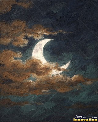 Phases of the moon arranged in an arc across a magenta and turquoise starry sky