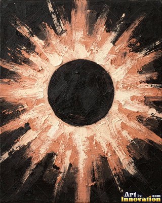 Painted full moon in crimson and silver rising over a dark sea with shimmering reflections