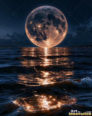 Painted full moon in crimson and silver rising over a dark sea with shimmering reflections
