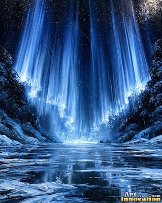 Northern lights in blue curtains over a frozen lake with a forest shoreline