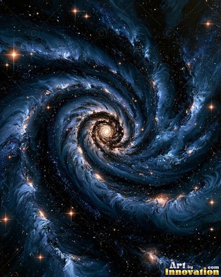 Radiant spiral galaxy in black and gold with a glowing core