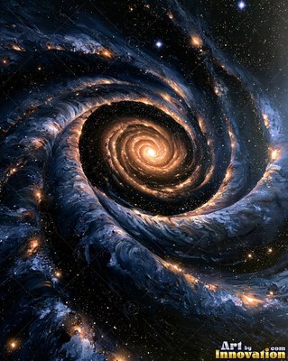 Phases of the moon arranged in an arc across a magenta and turquoise starry sky